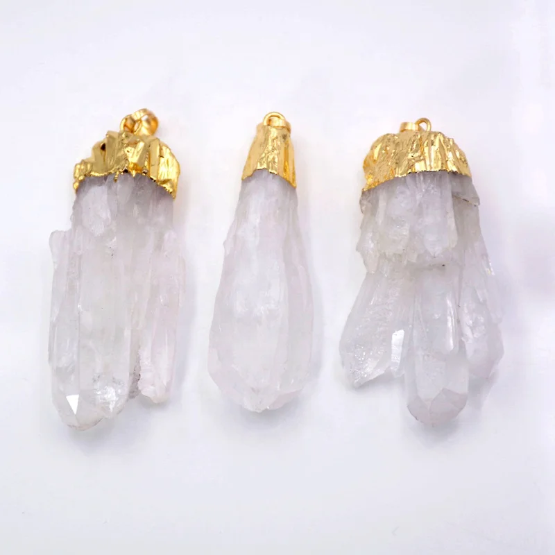 

Gold Quartz Ice Cluster Crystal pendant Druzy Clear Natural Raw Rough Stone Dipped Spike Point Plated Unisex Jewellery, Gold colors