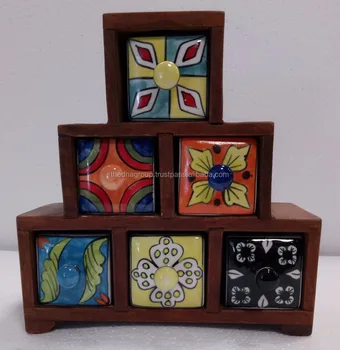 Natural Finish Hand Painted Wooden Ceramic Spices Drawer Buy