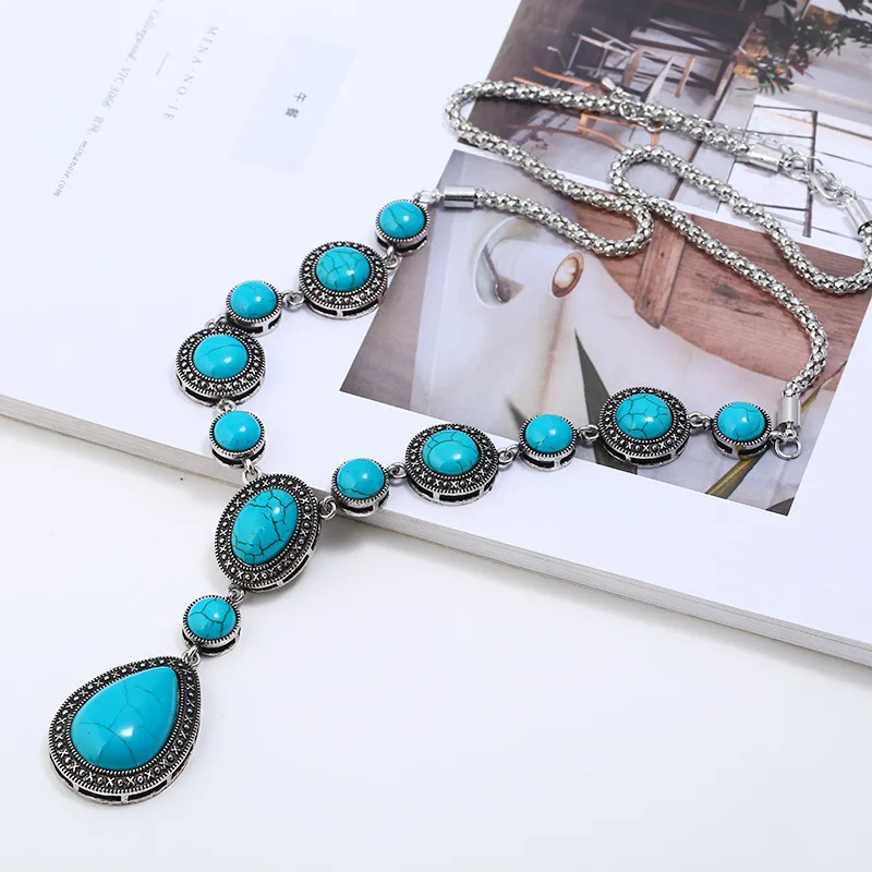 

Fashion stock choker necklace alloy metal vintage turquoise stone necklaces CJ9420