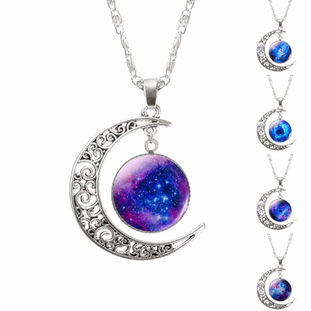 

Galaxy Planet Star Glass Cabochon Pendant Necklace Crescent Moon Jewelry Silver Plated Chain Necklace Women Friend Best Gifts