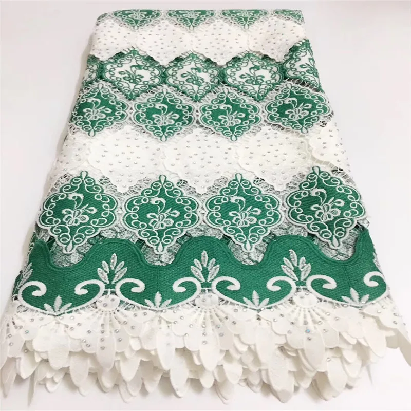 

HFX Wholesale Green/White Rhinestones Nigeria Cord Lace Embroidery African Cord Lace Fabric For Women