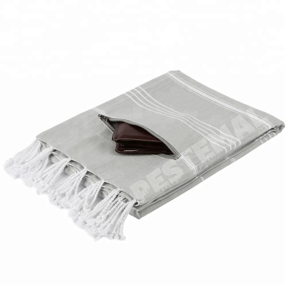 
Multiple Use High-Quality Pestemal Beach Bath Towel with Rare Design and Zipper Pocket for Private Items on Poolside %100 Cotton 