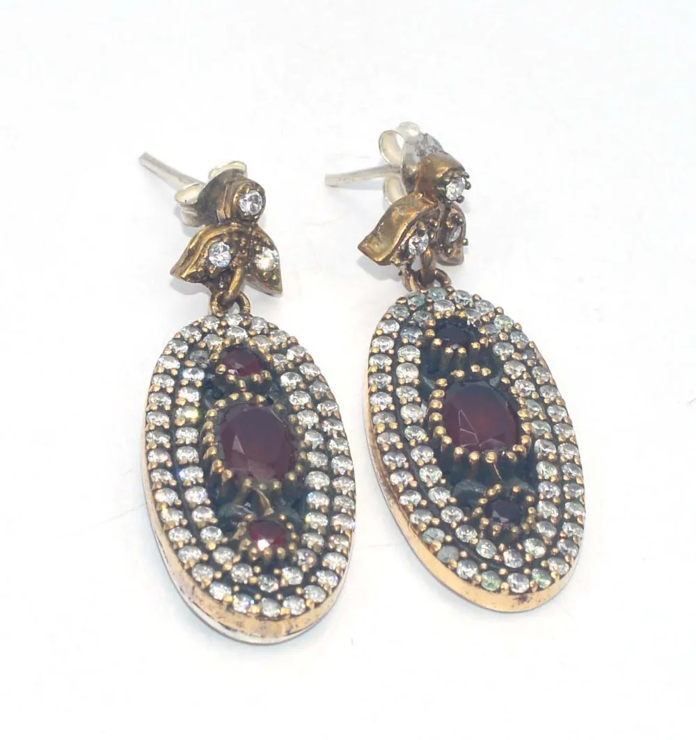 刻面红宝石和锆石土耳其耳钉饰品 925 固体纯银耳钉