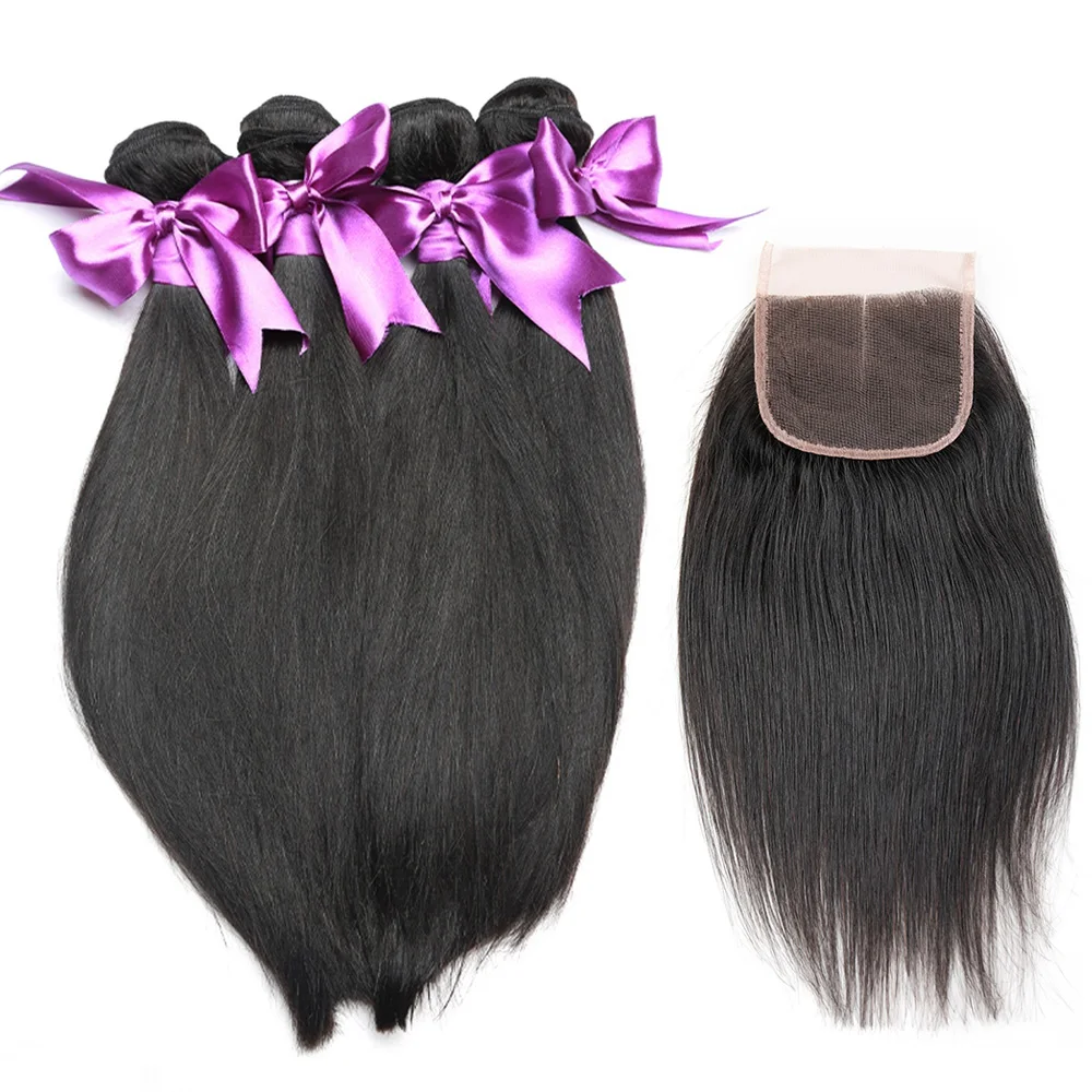 

Raw Indian Human Hair Weave Extensions 100% Unprocessed Human Hair Weaves 4 Bundles With 1 pc Closure Natural Black Color, N/a
