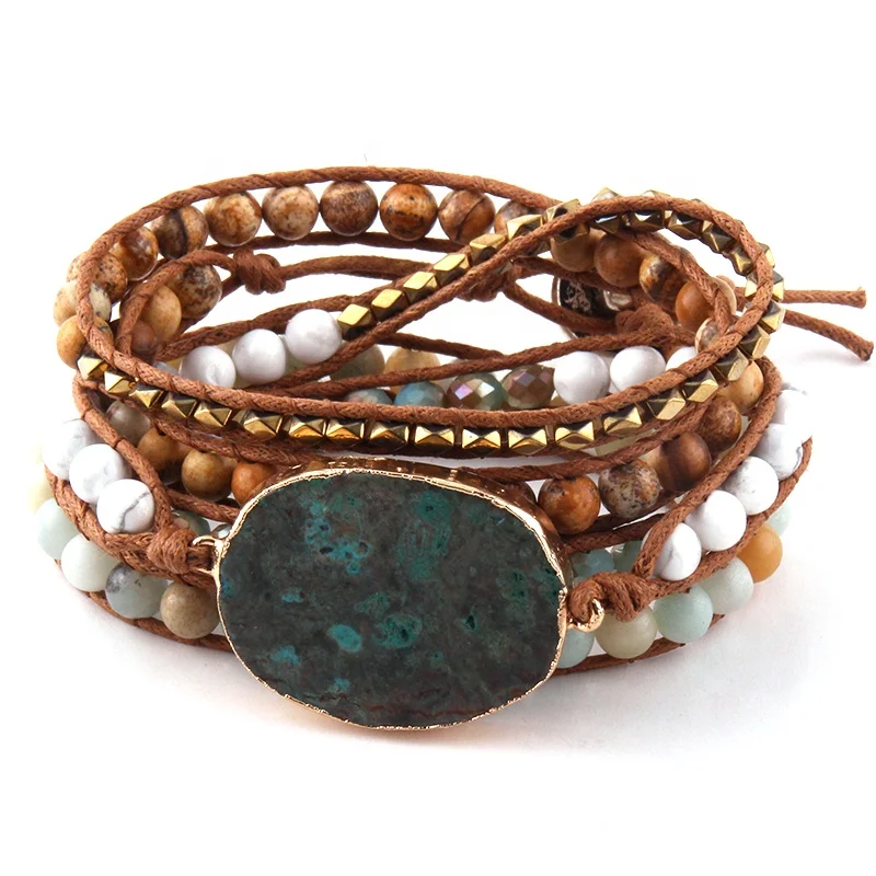 

Fashion Handmade Natural Stone Square glass beads Bohemian Ocean Jasper bracelet 5 Wrap Bracelet