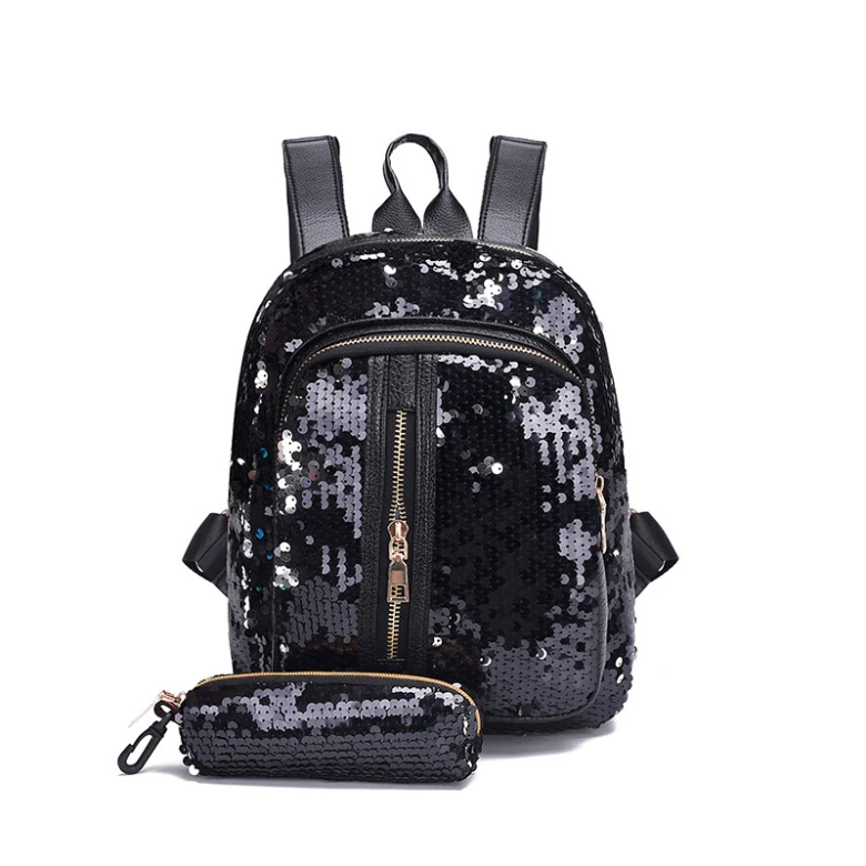 

2019 Fashion promotional sequins reflective cheap young two-piece set magic stock school bags, Black/red/grey