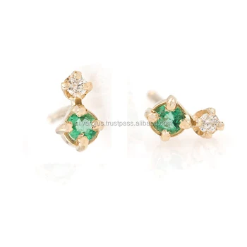 Wholesale Manufacturer Supplier Genuine Emerald Gemstone Tiny Stud Earrings Solid 14k Yellow ...