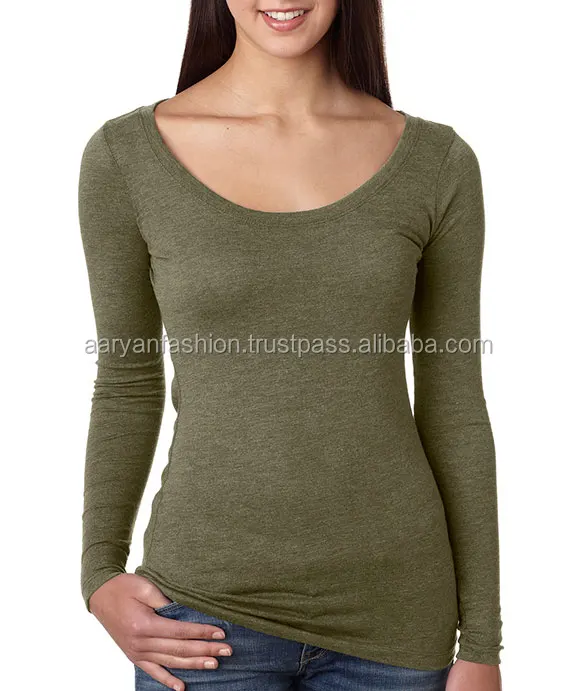 Womens Long Sleeve Stretch Plain Round Scoop Neck T Shirt Top Stretchy Casual Wear Top