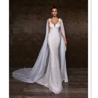 

2019 New collection elegant sweet heart strap wedding dress vestiods de novias mermaid court train ivory with cape bridal gown