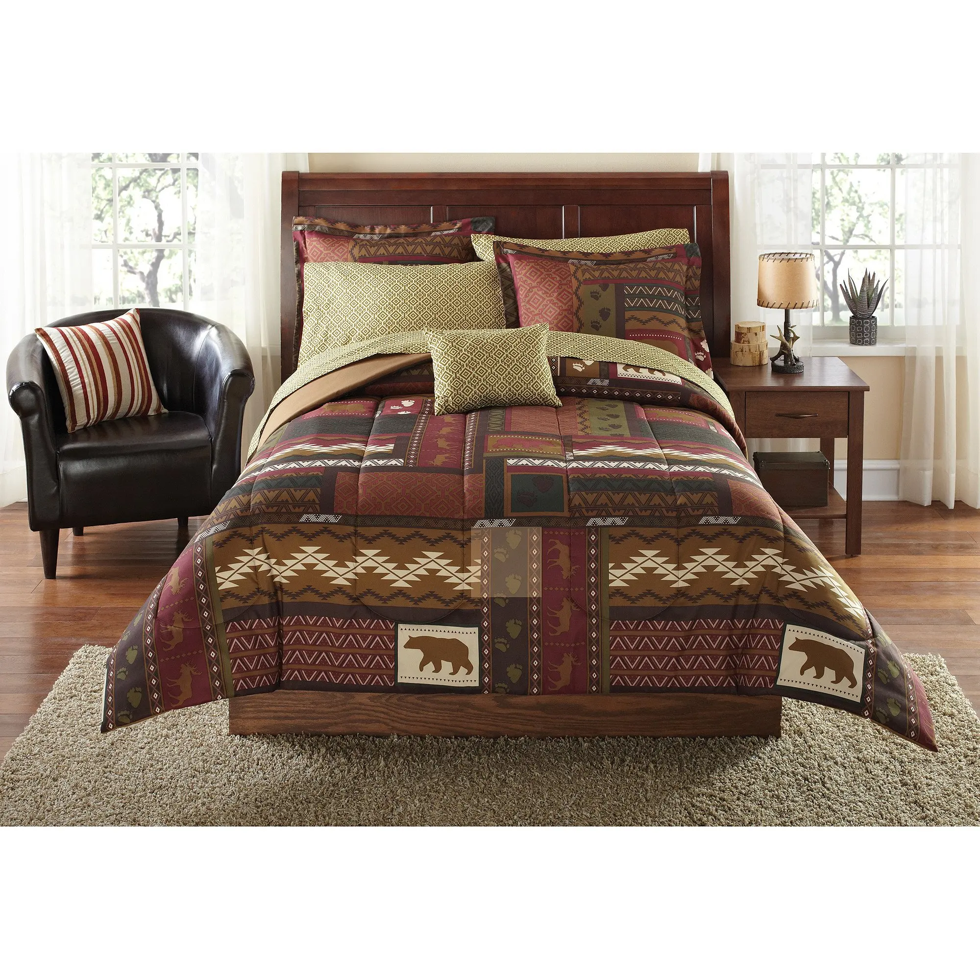 8 Piece Multi Color Patchwork Geometric Moose Printed Comforter Set Twin Twin Xl, Dark Brown Golden Woods Rustic Lodge Cabin Animal Wildlife Bear Footprint Features Kids Bedding Teen Bedroom Polyester