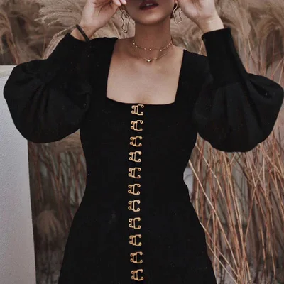 2019 Latest Autumn bubble long sleeve velvet evening dress women sexy square neck buckle up black thick mini casual dress women