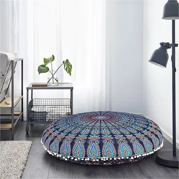 Indian Beautifull Outdoor Cushions Mandala Pillow Pouf Floor Seating Indian Beautifull Outdoor Cushions Mandala Pillow Pouf Floor Seating Covers With White Pom