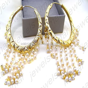 Round Pearl Beaded Indian Golden Jadau Traditional Hanging Round Pearl Beaded Indian Golden Jadau Traditional Hanging Chandelier Hoop Earrings