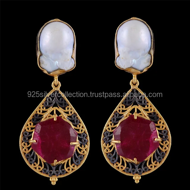 eurasia Handmade Ruby Black Onyx Red Zircon Gemstone Yellow Gold Plated Earrings