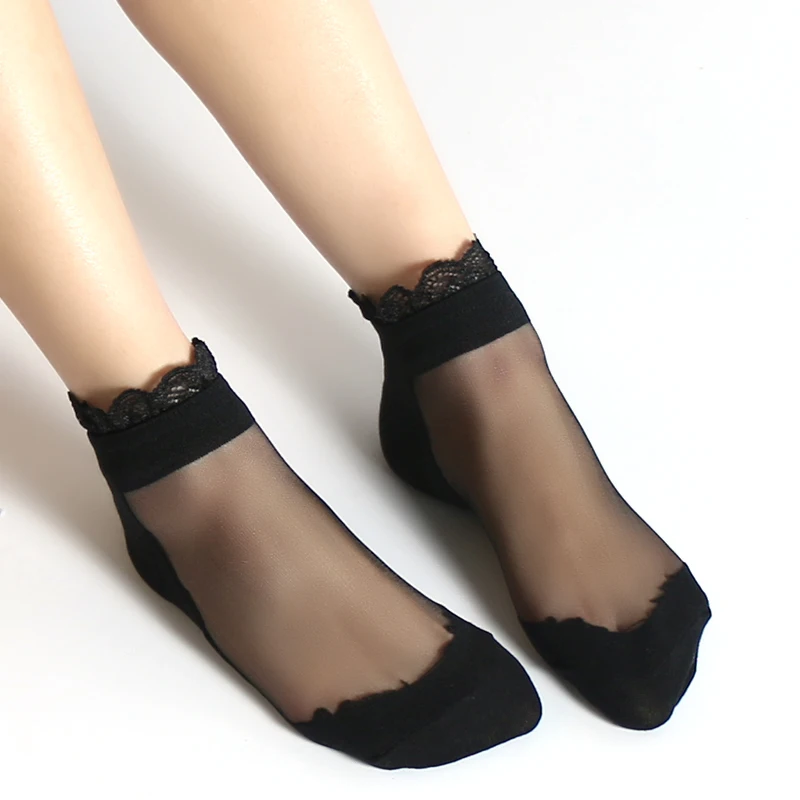 

Lace Ruffle Ankle Sock Soft Comfy Sheer Silk Mesh Knit Frill Trim Transparent Women's BlackThin socks, Black