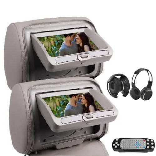 OukuGrey Gray Color Pair of Headrest Pillow 7" LCD Car Monitors with Region Free DVD player USB SD Wireless Dual Channel Headphones and 32 Bit Games and Zipper Cover