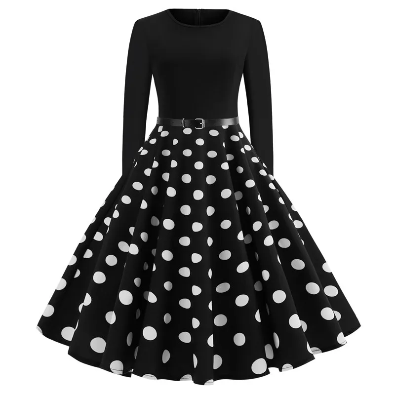 

Hot Selling Womens Retro Long Sleeve Dress Vintage Evening Party Swing Dress with Waistband