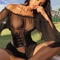 

Hot Trumpet Sleeve One Shoulder Sexy Transparent Mesh Lingerie