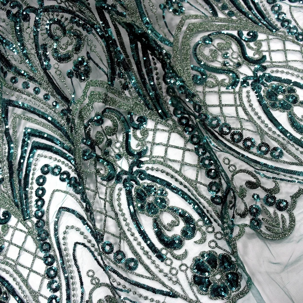 
newest dark green sequin net embroidery fabric embroidery tulle lace wedding lace fabric with beads HY0721-2 