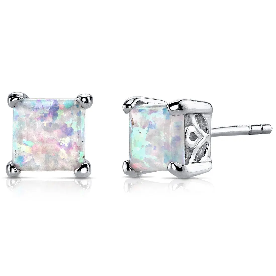 Created Opal Stud Earrings Sterling Silver Princess Cut 2.00 Carats
