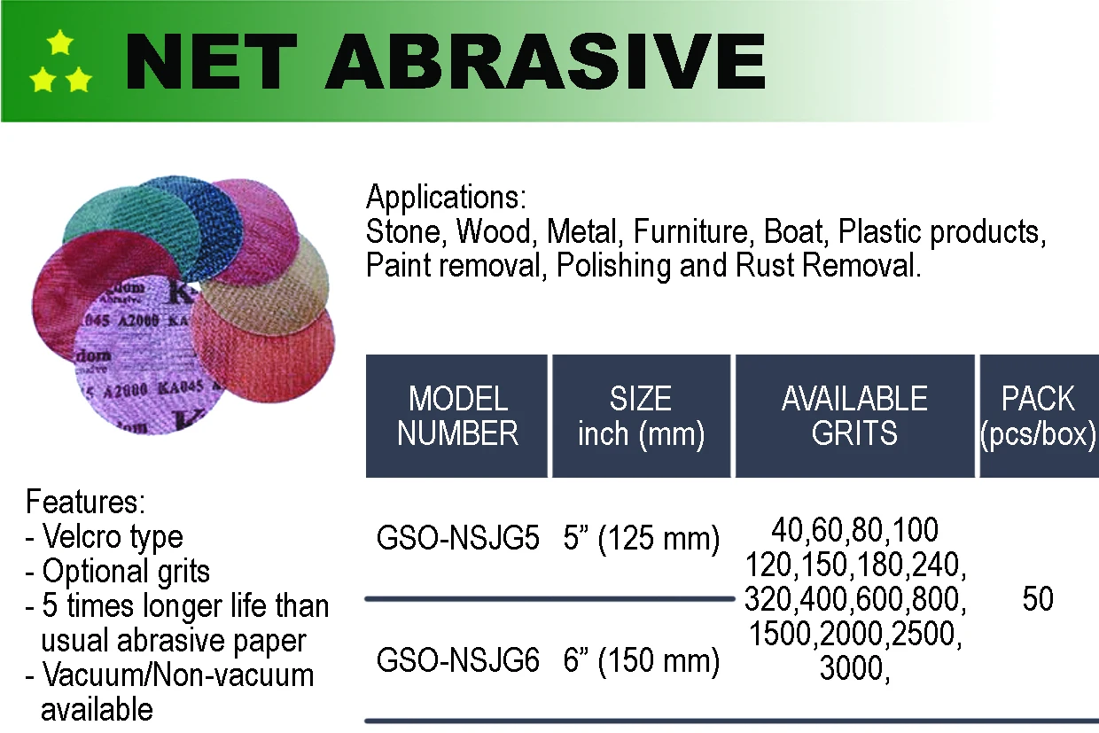 GSO-NSJG5 net abrasive, 5" (125mm), velcros type, optional grits, 5 times longer life than usual paper