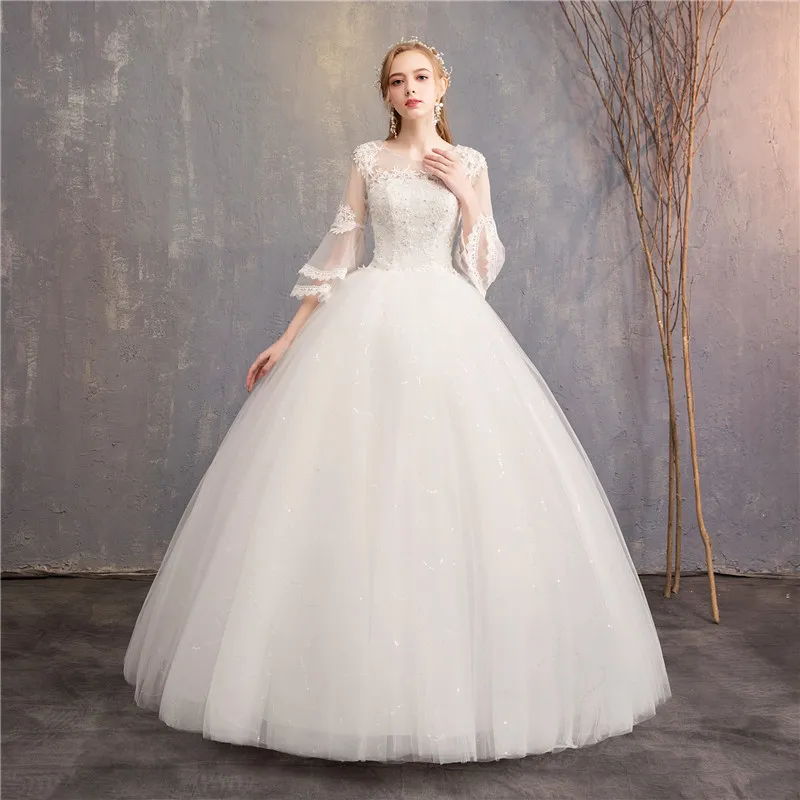 

Elegant Beaded Lace Flower Half Bell Sleeve BOHO Wedding Dresses Simple O-neck Wedding Gown, White wedding gown