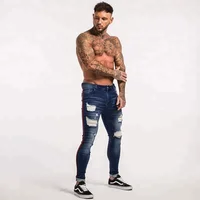 

Fashion street style pants jeans striped panel men denim trousers super skinny ripped jeans