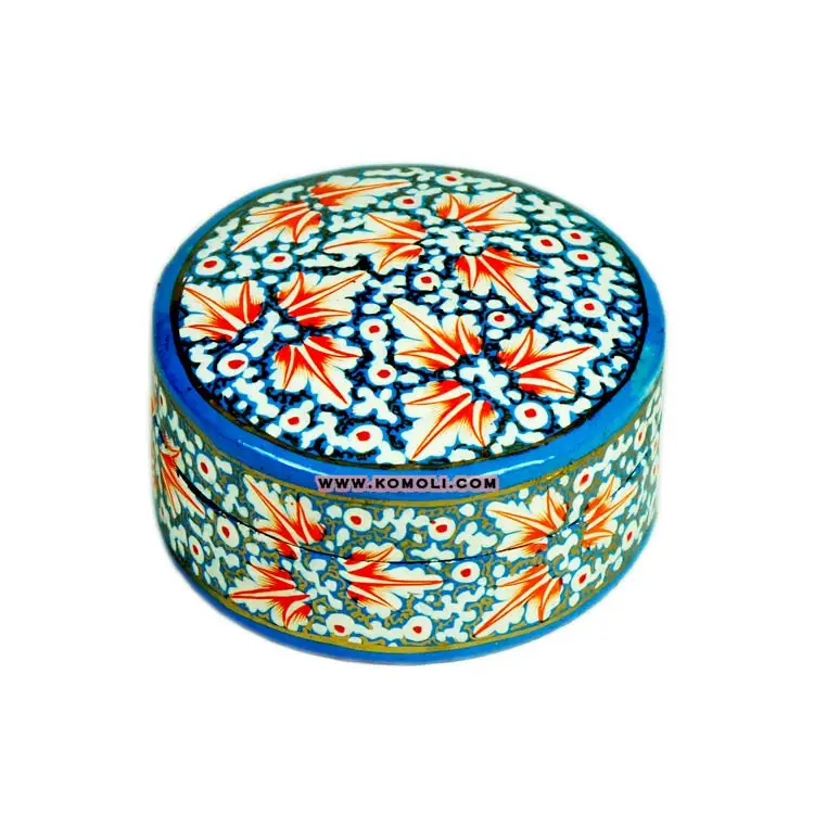 Custom Made Indian Kashmiri Paper Mache Box Of Round Shape And
