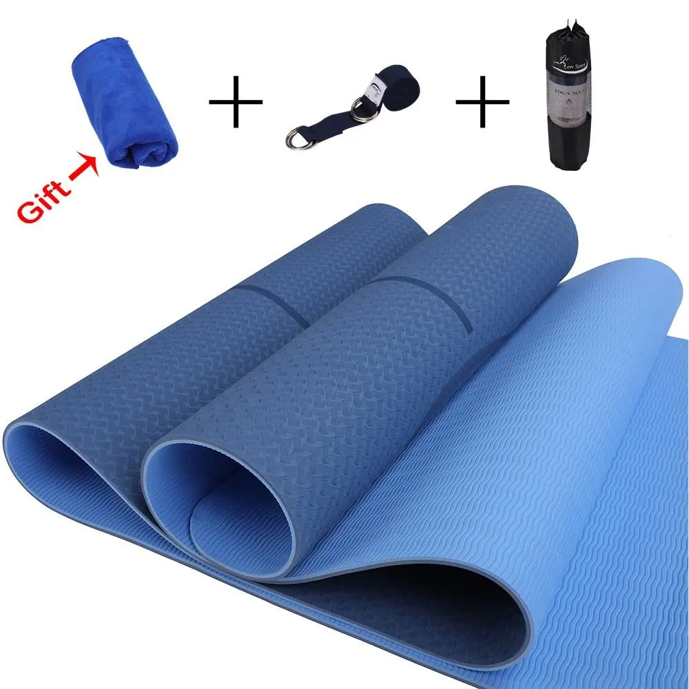 Hot Yoga Mat Set by Low Sport - 100% TPE Yoga Mat, Strap & Carrying Bag + Free Bonus Yoga Hand Towel. Non Slip, Eco-Friendly,Super Elastic,Yoga Mats For Women & Men, Alignment Line-Blue,Pink,Turquoise