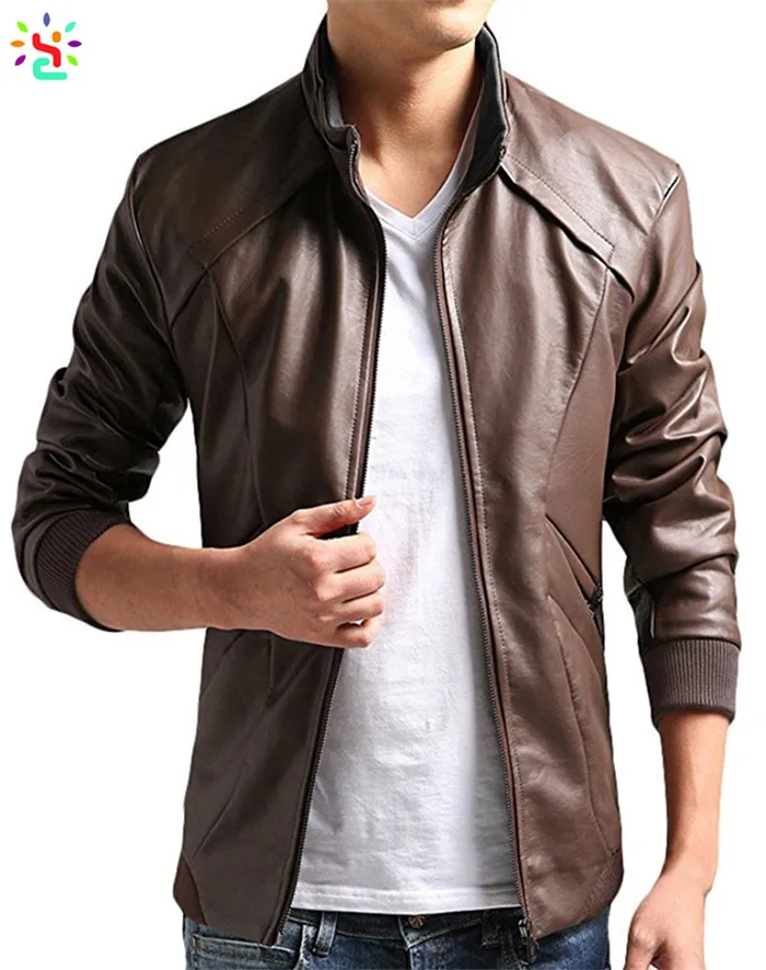 Coffee Brown Color Leather Jacket For Men Zipper Jacket Windproof ...