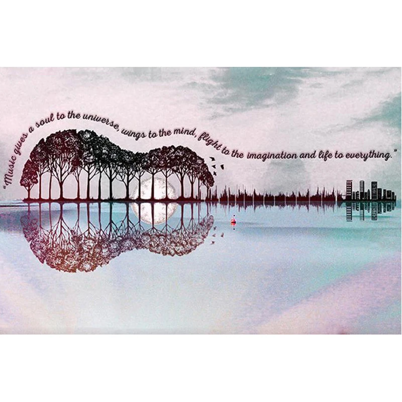 

Diamond Painting Kit Guitar Pattern Made Up Of Tree Houses And Reflections Diamond Embroidery Rhinestones Art Decor Gift