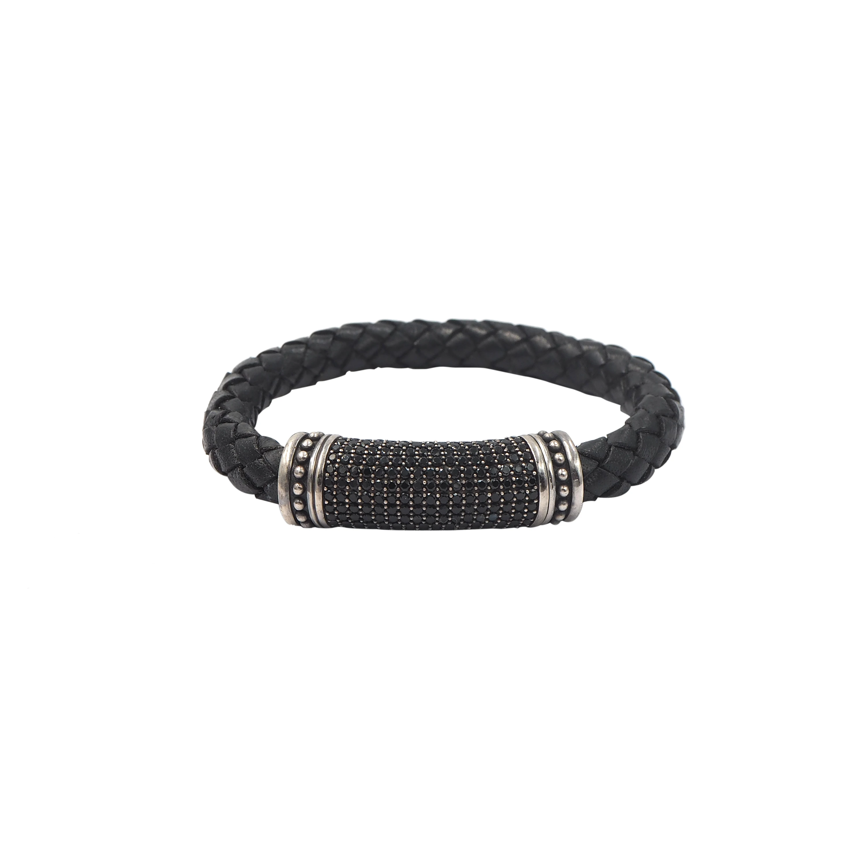 925 Silver leather bracelet for men black stone and magnetic clasp