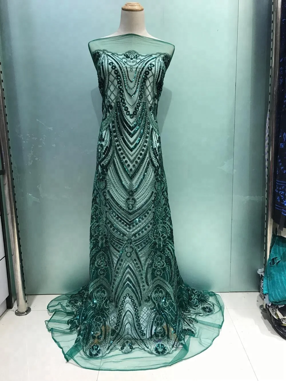 
newest dark green sequin net embroidery fabric embroidery tulle lace wedding lace fabric with beads HY0721-2 