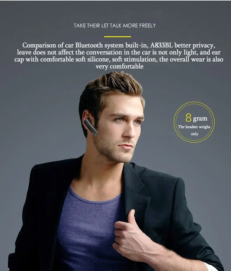 YanDex Awei A833BL Hands Free Car Handsfree BT Earbud Wireless Headphone Auriculares Mini BT Headset Earphone For Phone iPhone