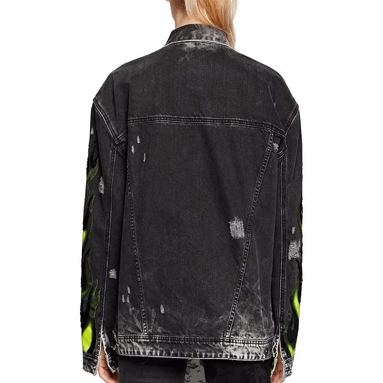 Royal Wolf Denim Garment Factory Fashion Design Black Printed Fire Sequined Denim Jacket Buy
