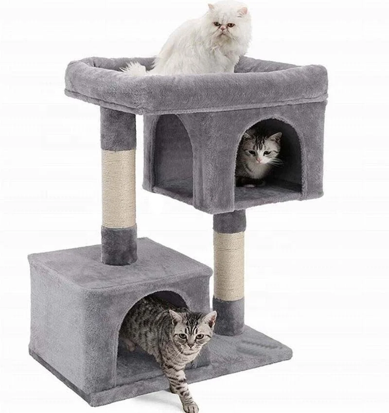 

Wholesale Modern Cat Cave House Medium Two-layer Wood Cat Tree Playing Cat Tower with Sisal Scratching Post, Beige/grey