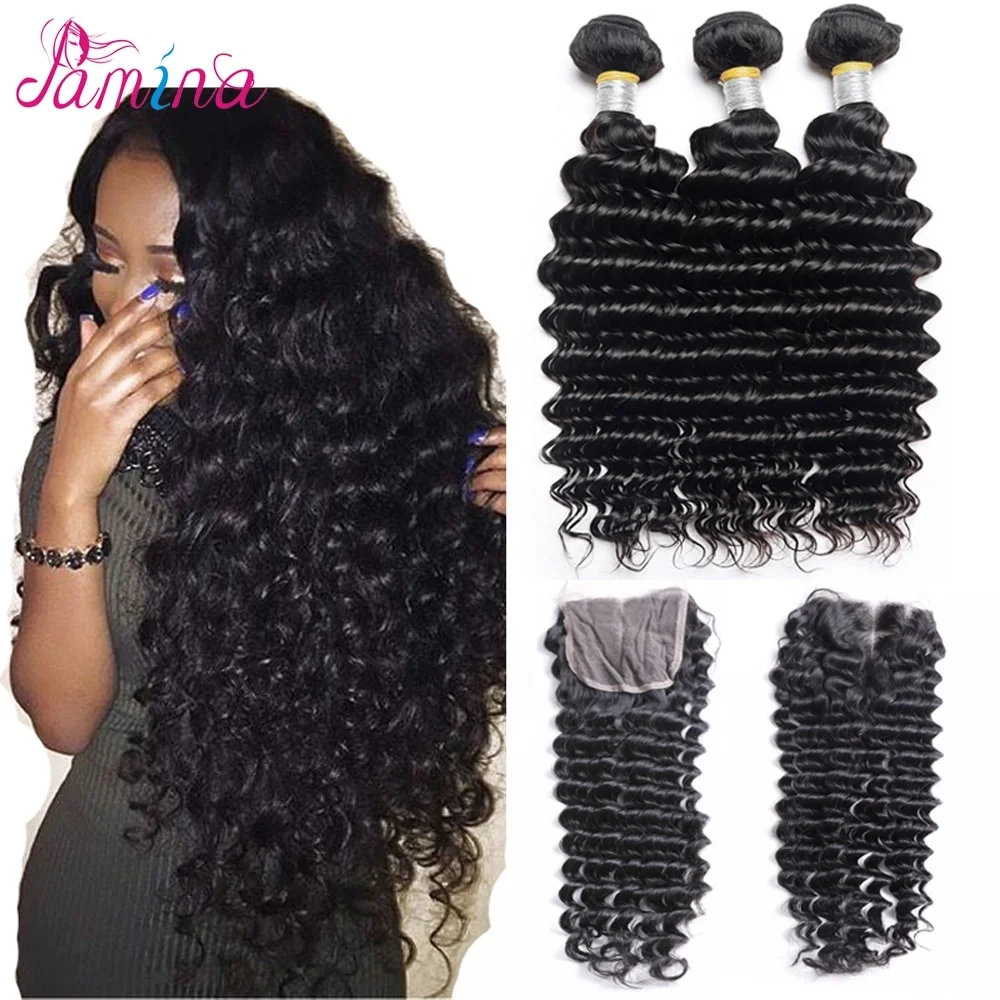 

Pamina Hair Unprocessed Virgin Brazilian Deep Wave Curly Human Hair Bundles With Lace Closure 4x4 Bleached Knots