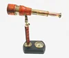 Antique Maritime Brass Leather Engraved Telescope on Wooden Base with Compass