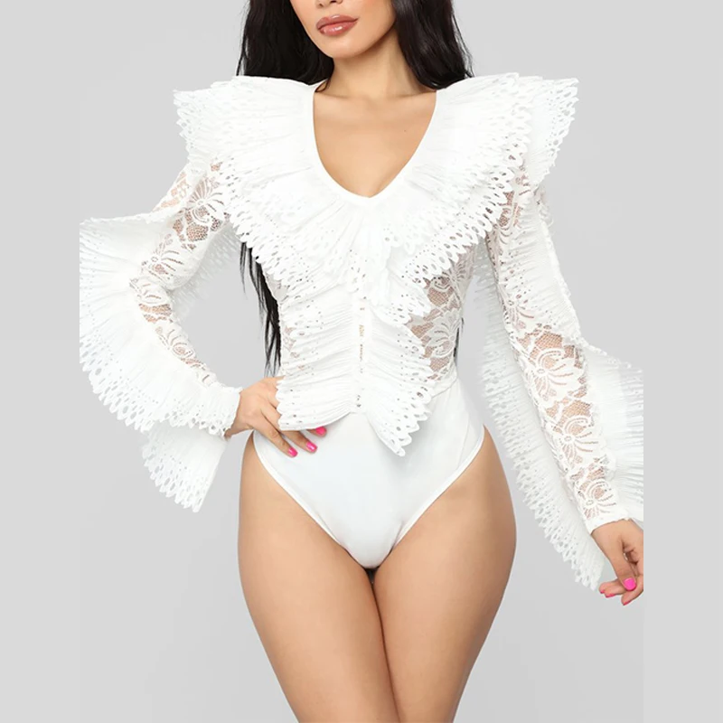 

Latest Design Top Quality Skin-Friendly Black Lace Floral Women One Piece Sexy Bodysuit, White;black and can be customized