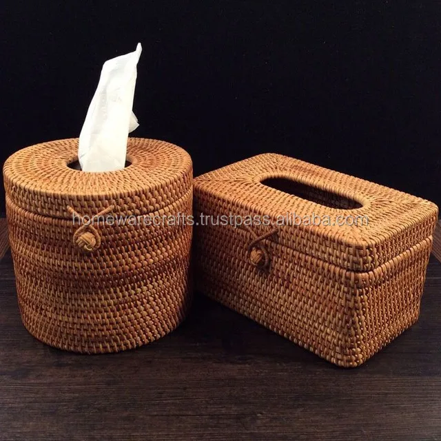 Unique Kitchen Accessories Round Rattan Tissue Box / Toilet Paper