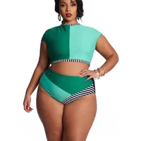 

New European and American women's plus size swimsuit Multi-color stitching high waist plus bikini fat woman swimwear