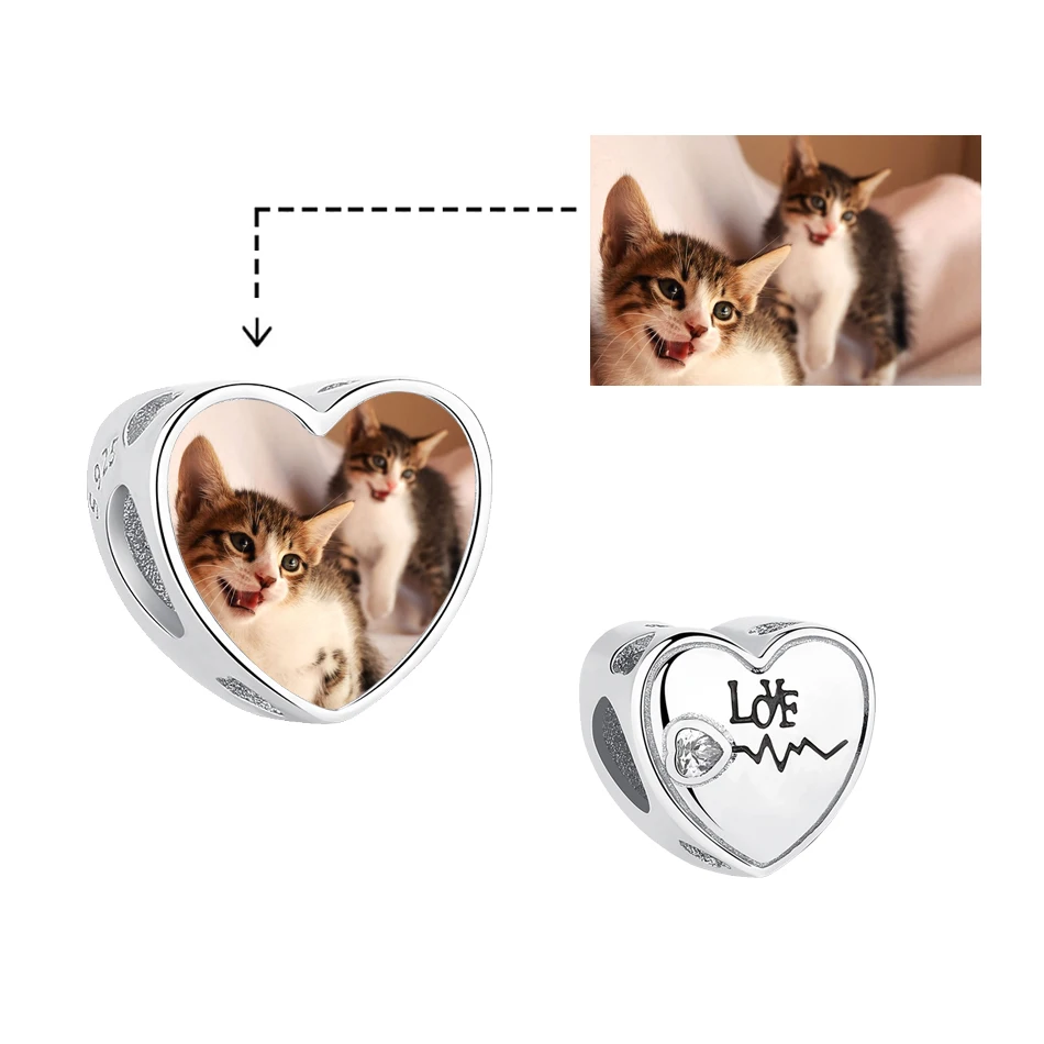 

Valentine's Day 925 Sterling Silver Charm Customized Picture CZ Love Heart Charm Fit Women Bracelet Jewelry Making