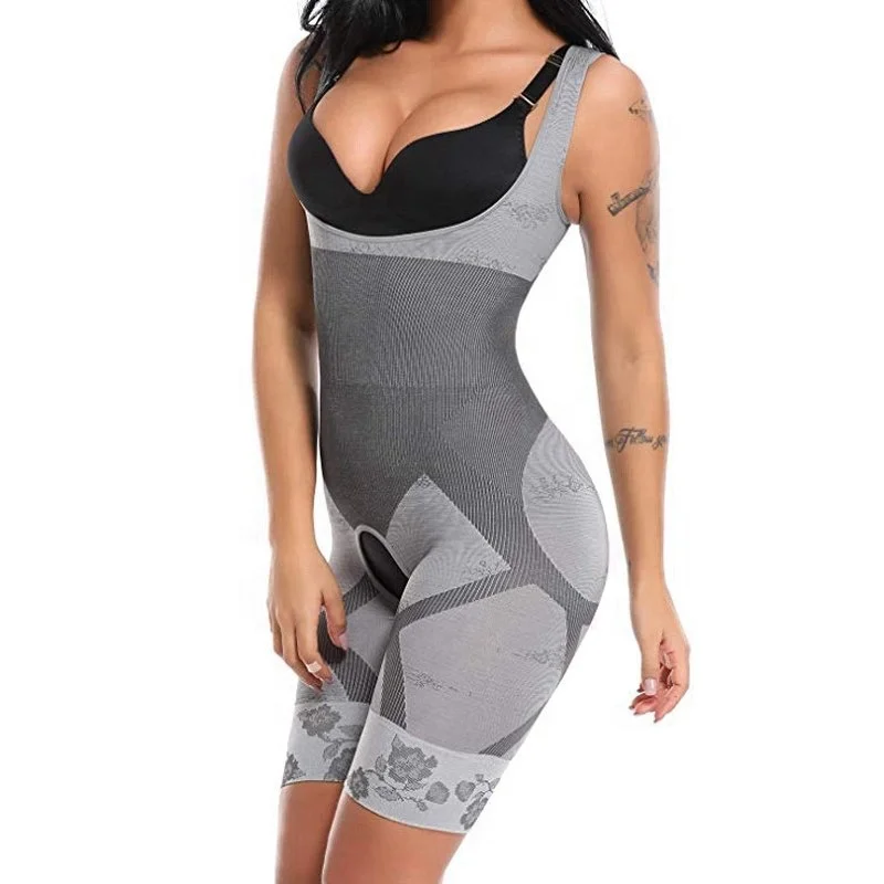 

6374 Women's Seamless Open Bust Mid Thigh Reducer Slimming Full Body Suit Bamboo Body Shaper, Gray, black, nude