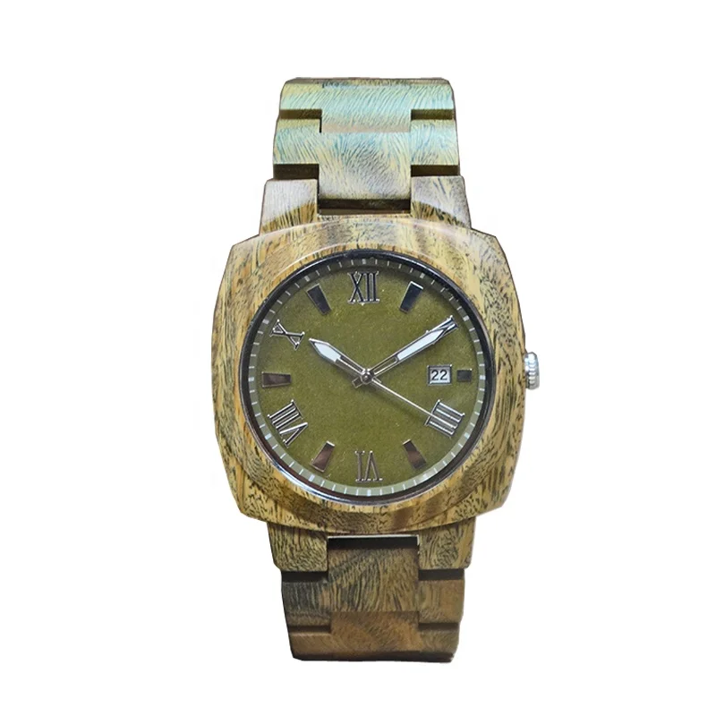 

Shenzhen Auto Date Green Sandalwood kol saati Square Men Luminous Hand Quartz Wood Watch