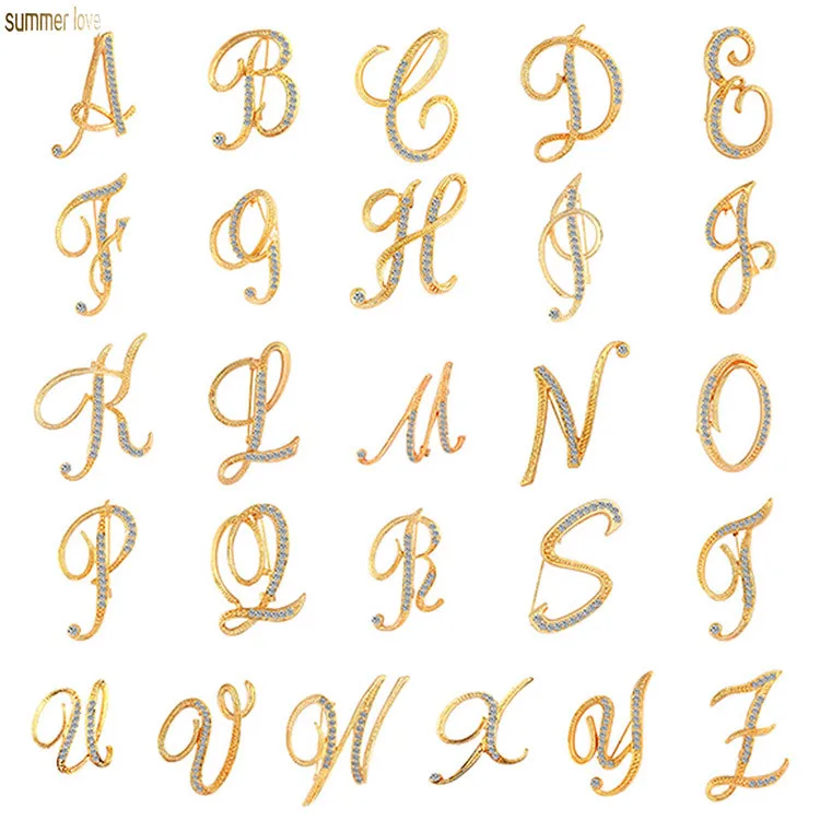 

Fashion Personality Gold Silver 26 English Initial Letter Crystal Rhinestone Alphabetical Letter Brooch Pins Creative Jewelry