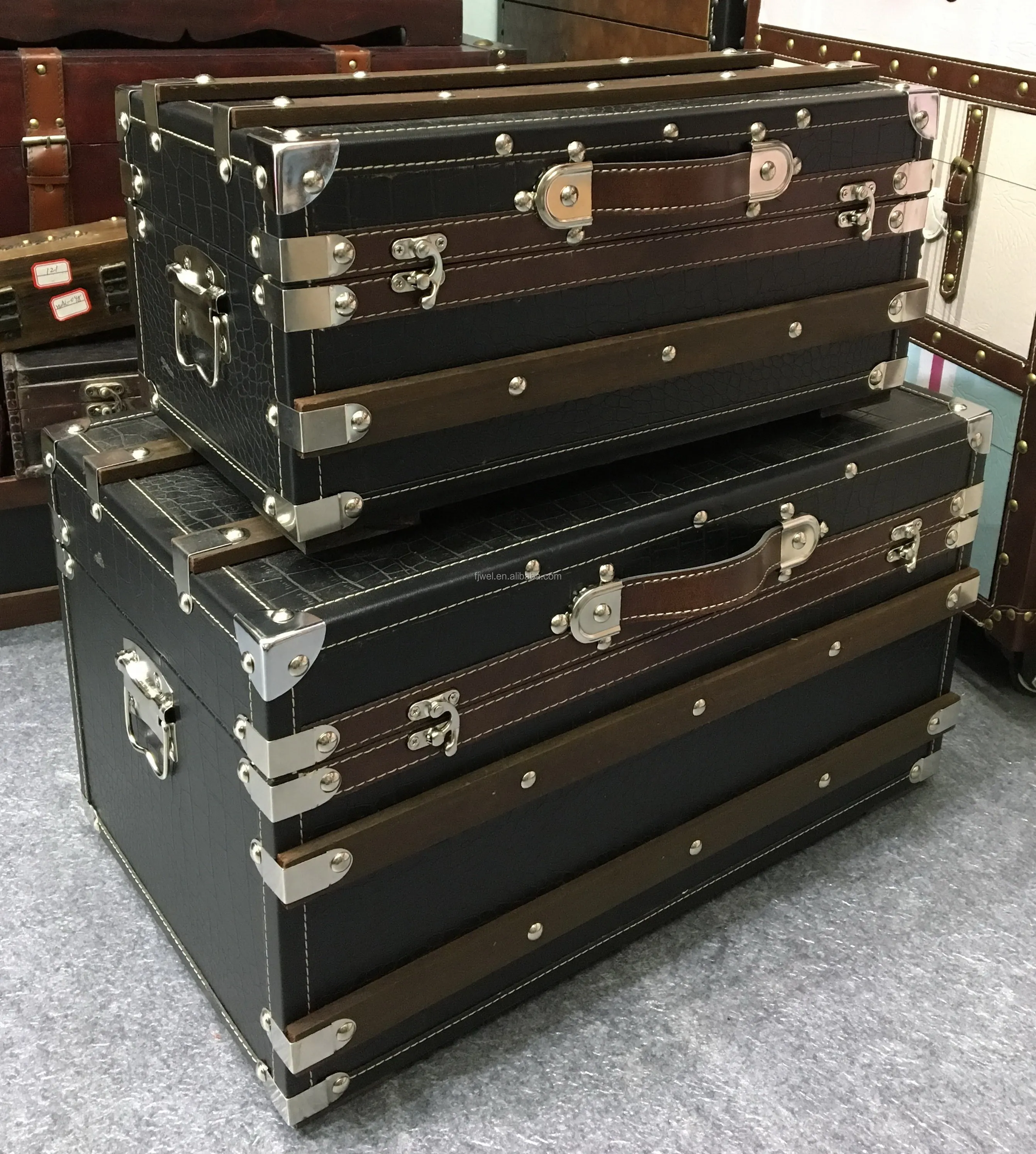 Retro Black Storage Trunks Set Of 3 Buy Black Leather Storage Trunk