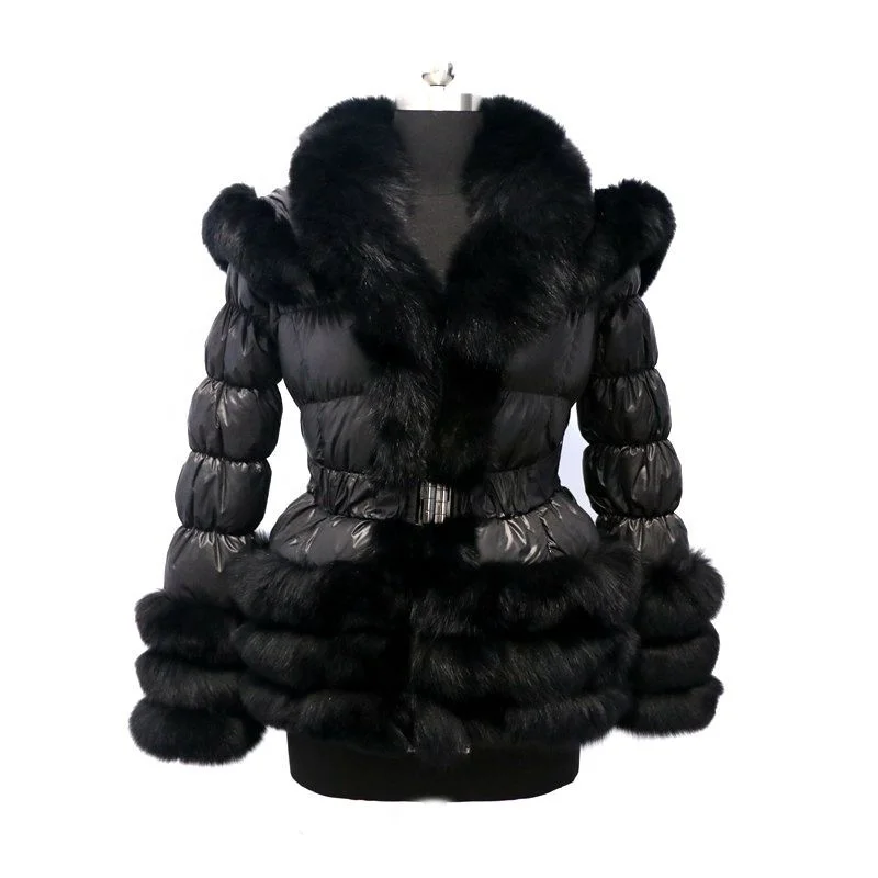 

new trench Winter women sexy Real puffer coat fox fur down Jacket