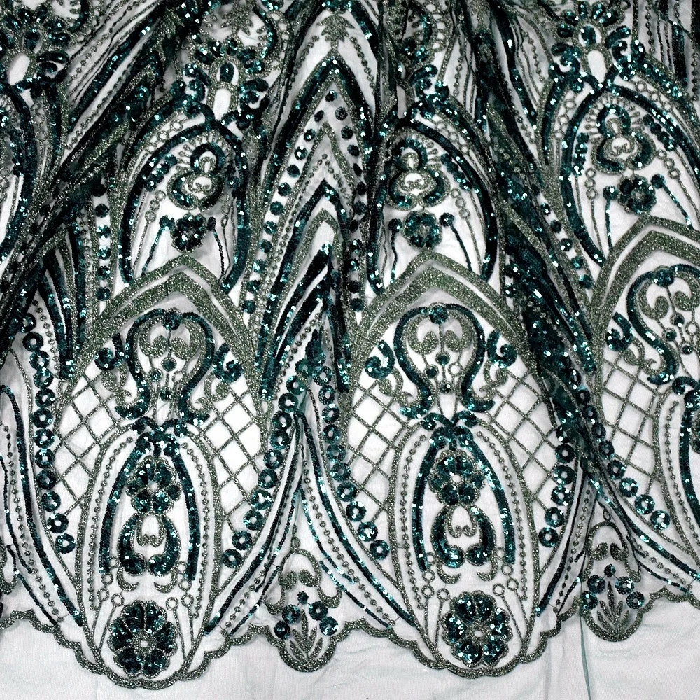 
newest dark green sequin net embroidery fabric embroidery tulle lace wedding lace fabric with beads HY0721-2 
