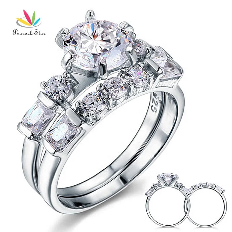 

Vintage Style 2 Ct Solid Sterling 925 Silver 2-Pcs Wedding Anniversary Engagement Ring Set Accept Drop Shipping, Clear white