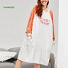 Mgoo Custom Letter Embroidered Colorblock Pajama White Long Sleeve Sleepwear Women Round Neck Casual Night Dress